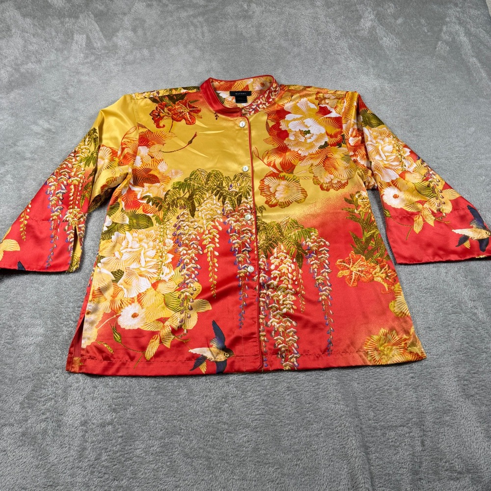 Natori Kimono Pajama Top Women Medium Red Yellow Asian Floral Button Up Satin